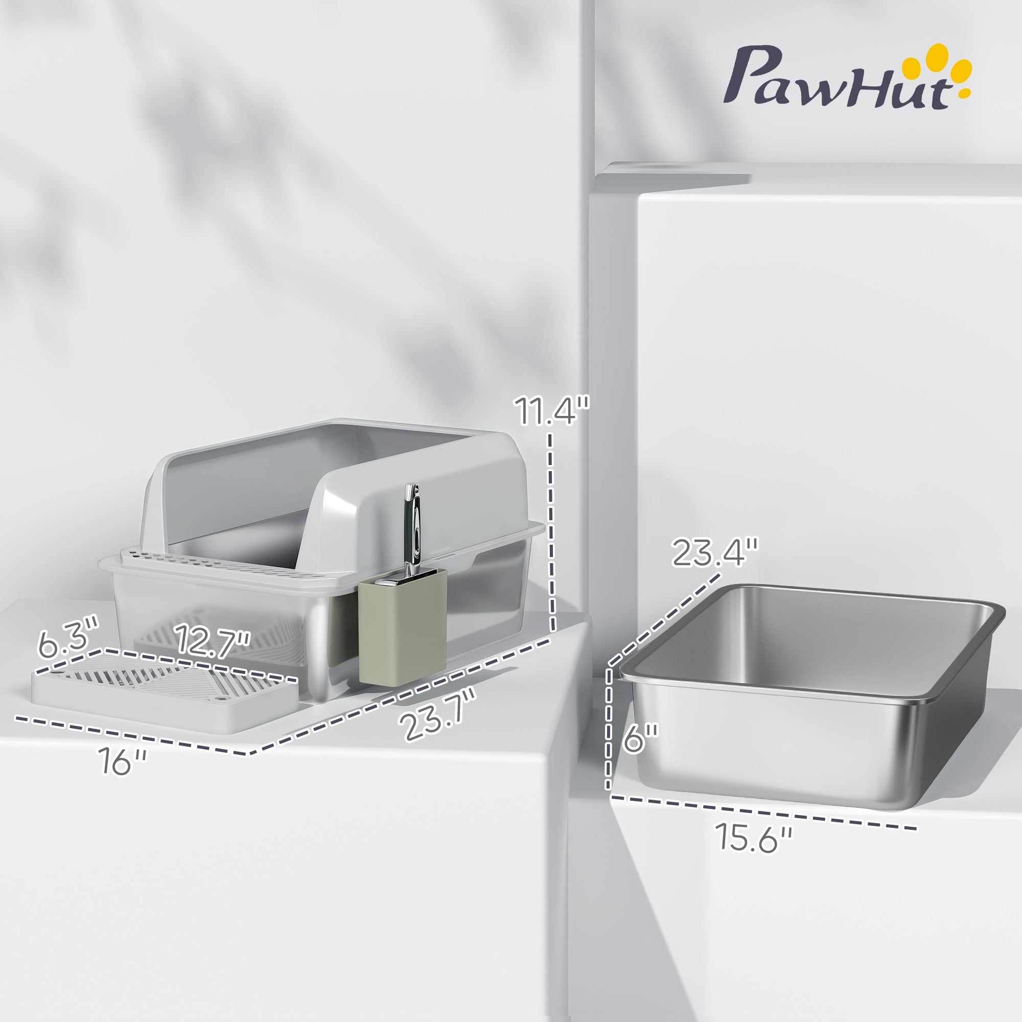 PawHut XL Stainless Steel Litter Box, Metal Litter Box High Sided, Anti-Urine Leakage, Non-Sticky, Cat Litter Box with Metal Scoop & Scoop Holder, 24" x 16" x 11", Light Gray