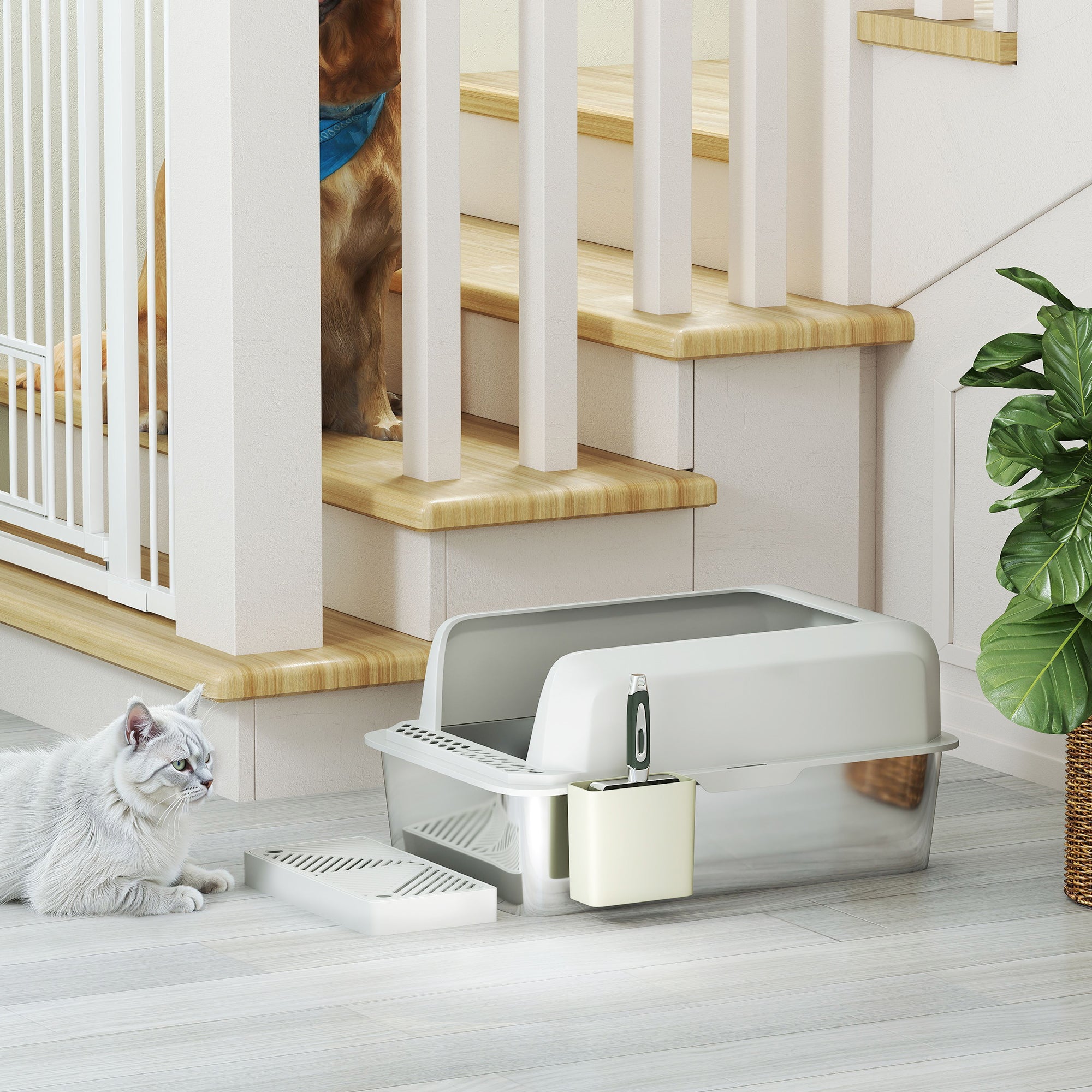 PawHut XL Stainless Steel Litter Box, Metal Litter Box High Sided, Anti-Urine Leakage, Non-Sticky, Cat Litter Box with Metal Scoop & Scoop Holder, 24" x 16" x 11", Light Gray