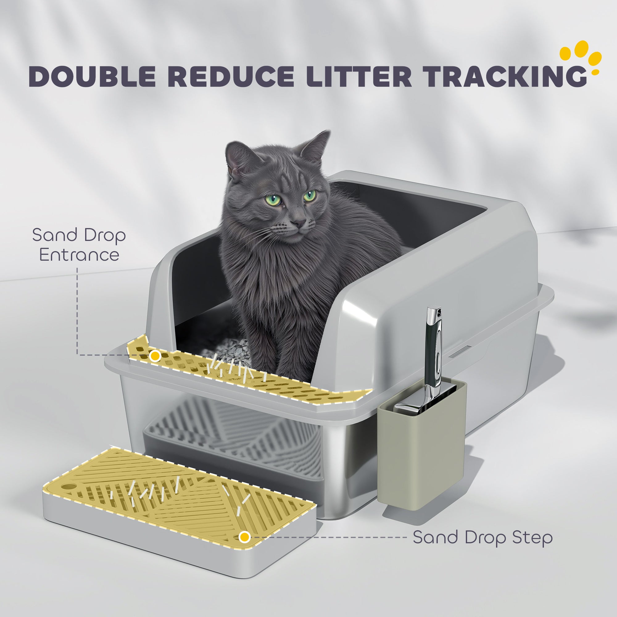 PawHut XL Stainless Steel Litter Box, Metal Litter Box High Sided, Anti-Urine Leakage, Non-Sticky, Cat Litter Box with Metal Scoop & Scoop Holder, 24" x 16" x 11", Light Gray