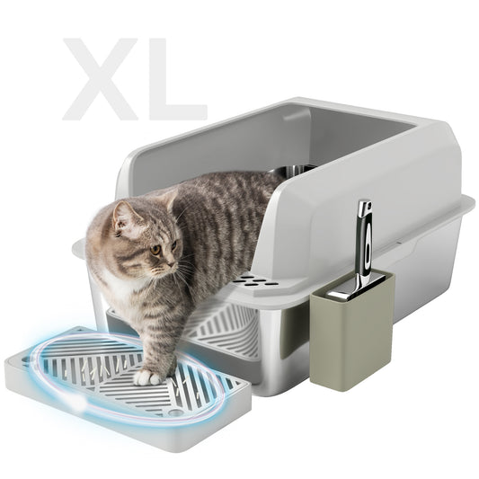 PawHut XL Stainless Steel Litter Box, Metal Litter Box High Sided, Anti-Urine Leakage, Non-Sticky, Cat Litter Box with Metal Scoop & Scoop Holder, 24" x 16" x 11", Light Gray