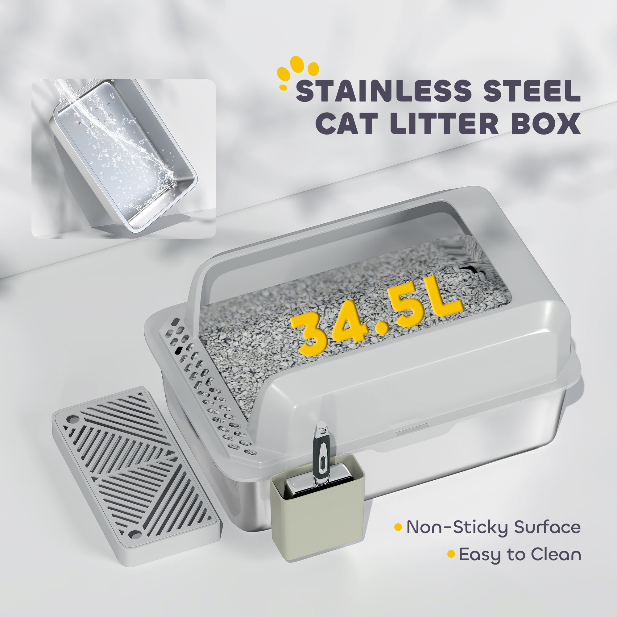 PawHut XL Stainless Steel Litter Box, Metal Litter Box High Sided, Anti-Urine Leakage, Non-Sticky, Cat Litter Box with Metal Scoop & Scoop Holder, 24" x 16" x 11", Light Gray
