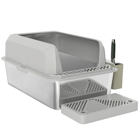 PawHut XL Stainless Steel Litter Box, Metal Litter Box High Sided, Anti-Urine Leakage, Non-Sticky, Cat Litter Box with Metal Scoop & Scoop Holder, 24" x 16" x 11", Light Gray