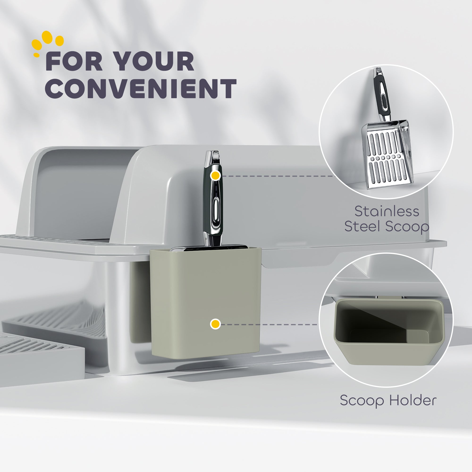 PawHut XL Stainless Steel Litter Box, Metal Litter Box High Sided, Anti-Urine Leakage, Non-Sticky, Cat Litter Box with Metal Scoop & Scoop Holder, 24" x 16" x 11", Light Gray