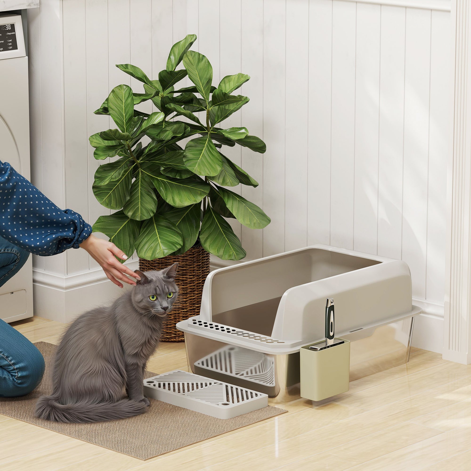 PawHut XL Stainless Steel Litter Box, Metal Litter Box High Sided, Anti-Urine Leakage, Non-Sticky, Cat Litter Box with Metal Scoop & Scoop Holder, 24" x 16" x 11", Light Gray