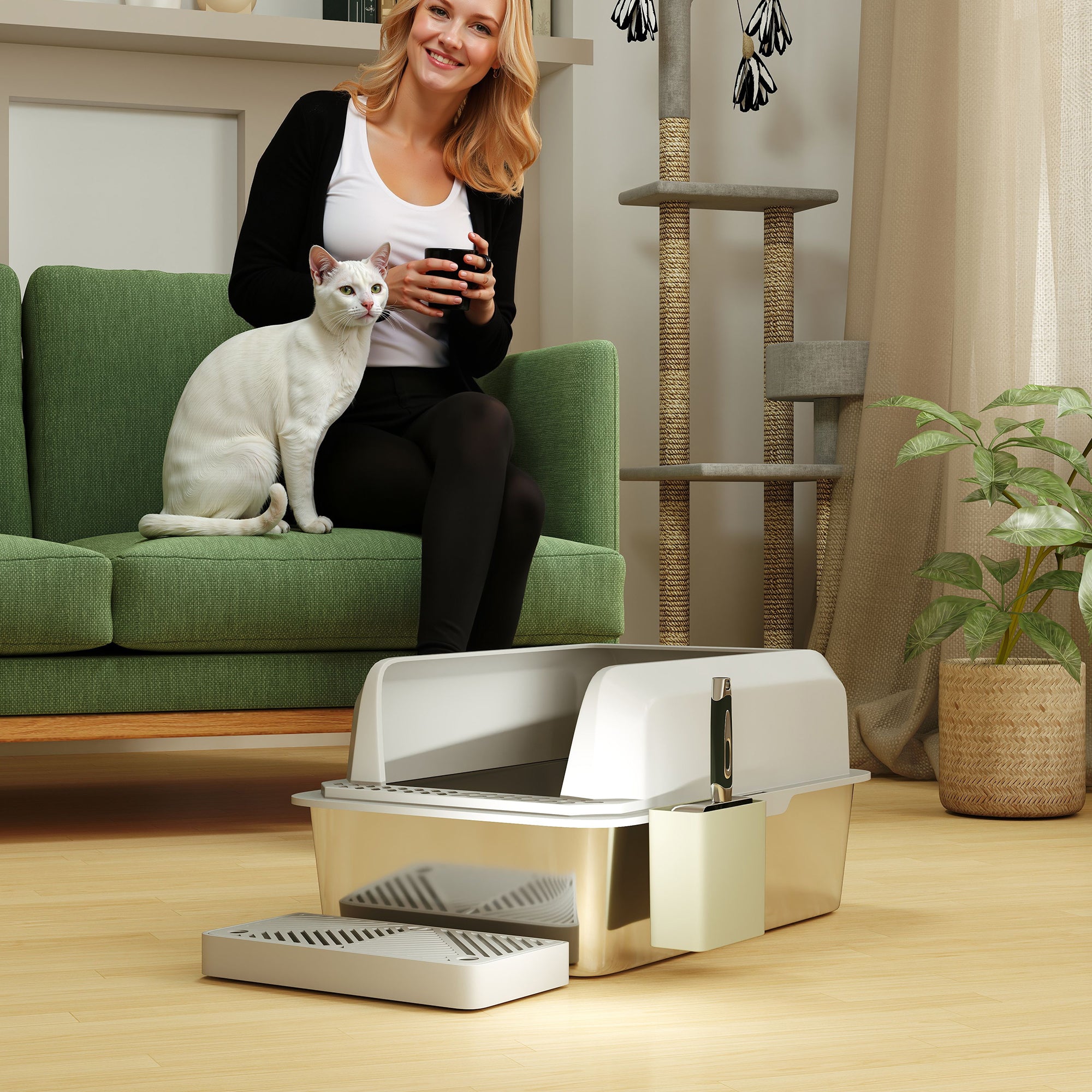 PawHut XL Stainless Steel Litter Box, Metal Litter Box High Sided, Anti-Urine Leakage, Non-Sticky, Cat Litter Box with Metal Scoop & Scoop Holder, 24" x 16" x 11", Light Gray