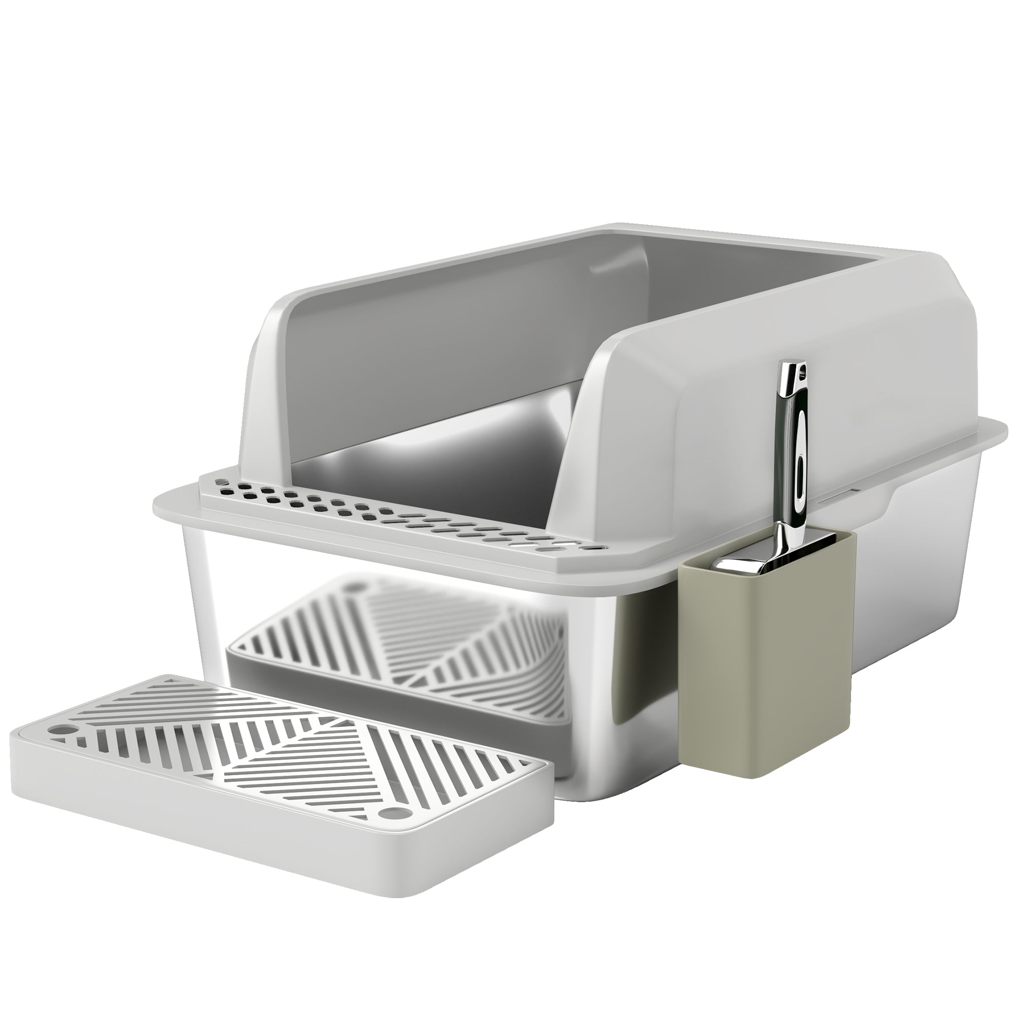 PawHut XL Stainless Steel Litter Box, Metal Litter Box High Sided, Anti-Urine Leakage, Non-Sticky, Cat Litter Box with Metal Scoop & Scoop Holder, 24" x 16" x 11", Light Gray