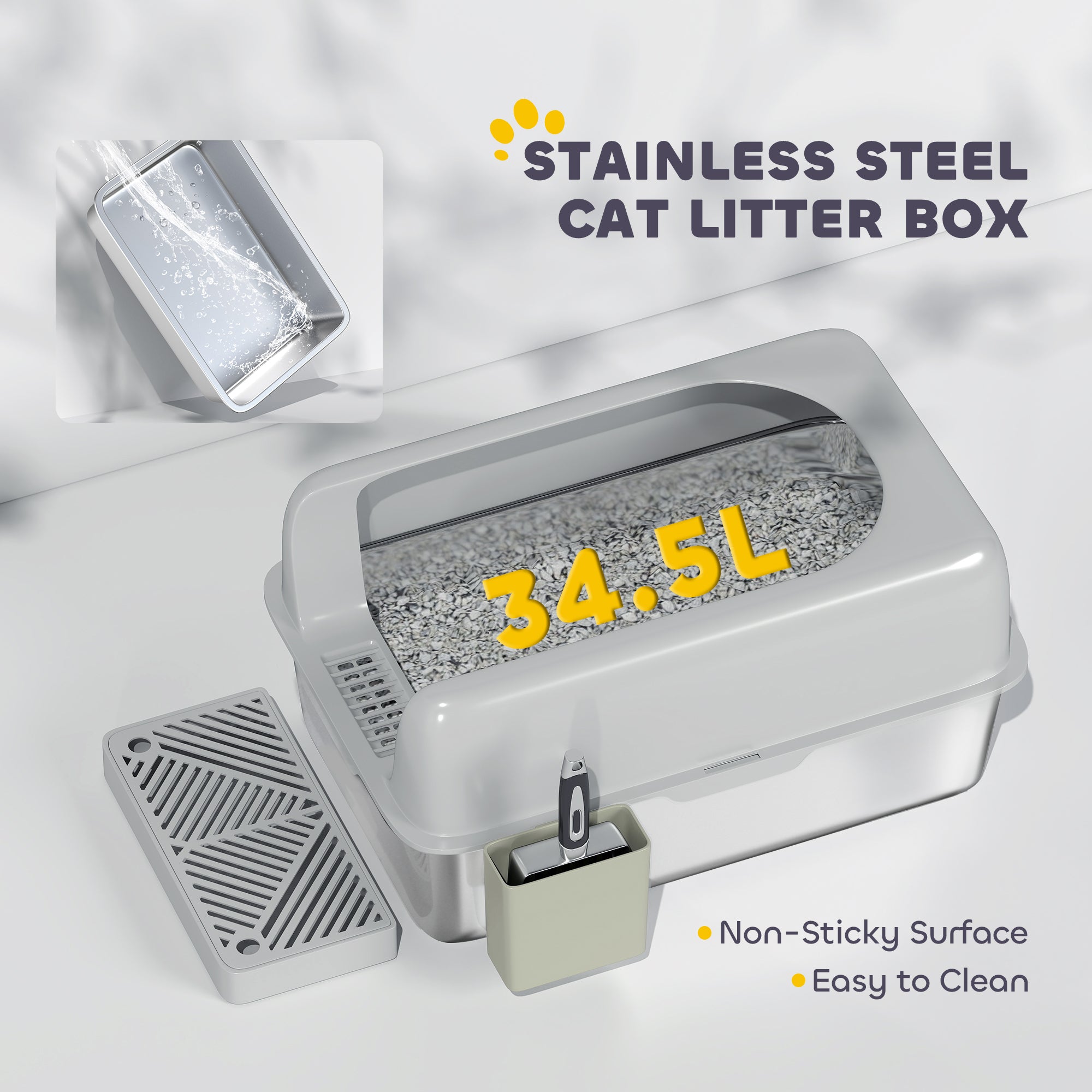 PawHut Stainless Steel Litter Box, Easy Clean Metal Litter Box with High Sided for Anti-Urine Leakage, Cat Litter Box with Metal Scoop & Scoop Holder, Light Gray