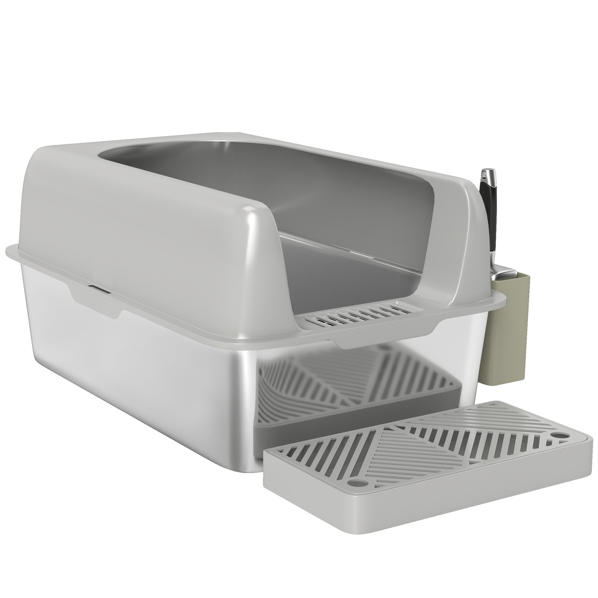 PawHut Stainless Steel Litter Box, Easy Clean Metal Litter Box with High Sided for Anti-Urine Leakage, Cat Litter Box with Metal Scoop & Scoop Holder, Light Gray