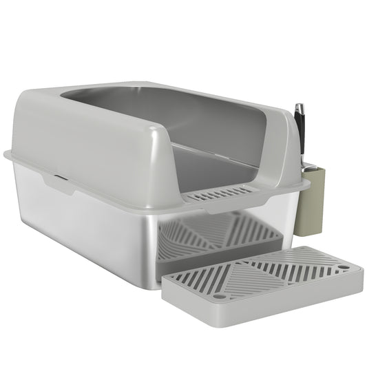 PawHut Stainless Steel Litter Box, Easy Clean Metal Litter Box with High Sided for Anti-Urine Leakage, Cat Litter Box with Metal Scoop & Scoop Holder, Light Gray