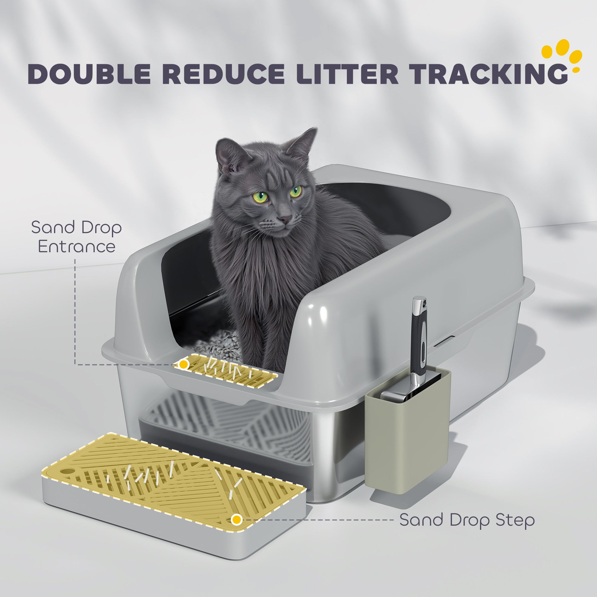 PawHut Stainless Steel Litter Box, Easy Clean Metal Litter Box with High Sided for Anti-Urine Leakage, Cat Litter Box with Metal Scoop & Scoop Holder, Light Gray