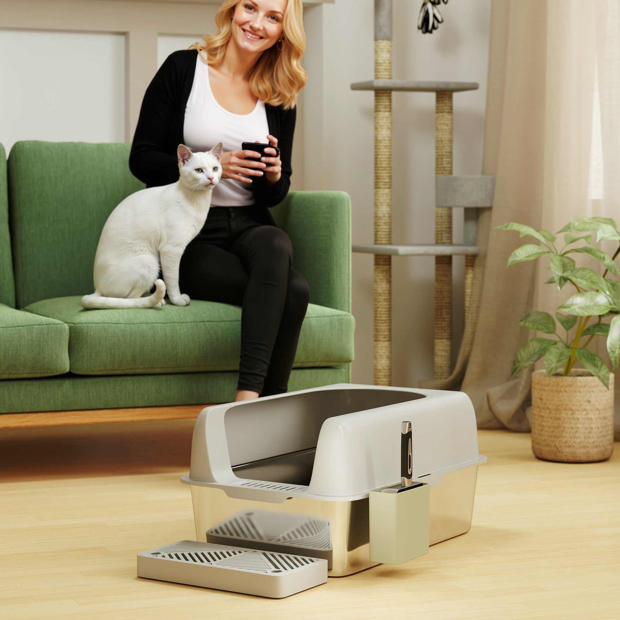 PawHut Stainless Steel Litter Box, Easy Clean Metal Litter Box with High Sided for Anti-Urine Leakage, Cat Litter Box with Metal Scoop & Scoop Holder, Light Gray