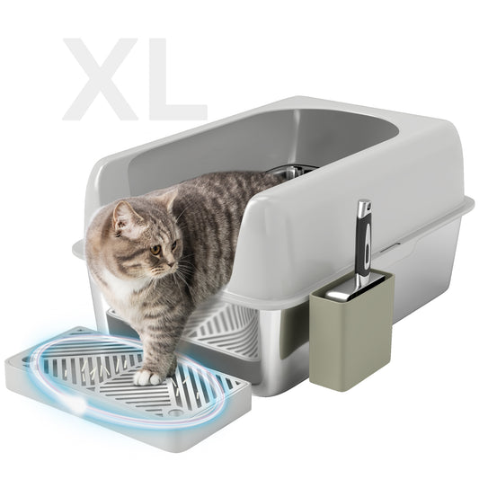 PawHut Stainless Steel Litter Box, Easy Clean Metal Litter Box with High Sided for Anti-Urine Leakage, Cat Litter Box with Metal Scoop & Scoop Holder, Light Gray