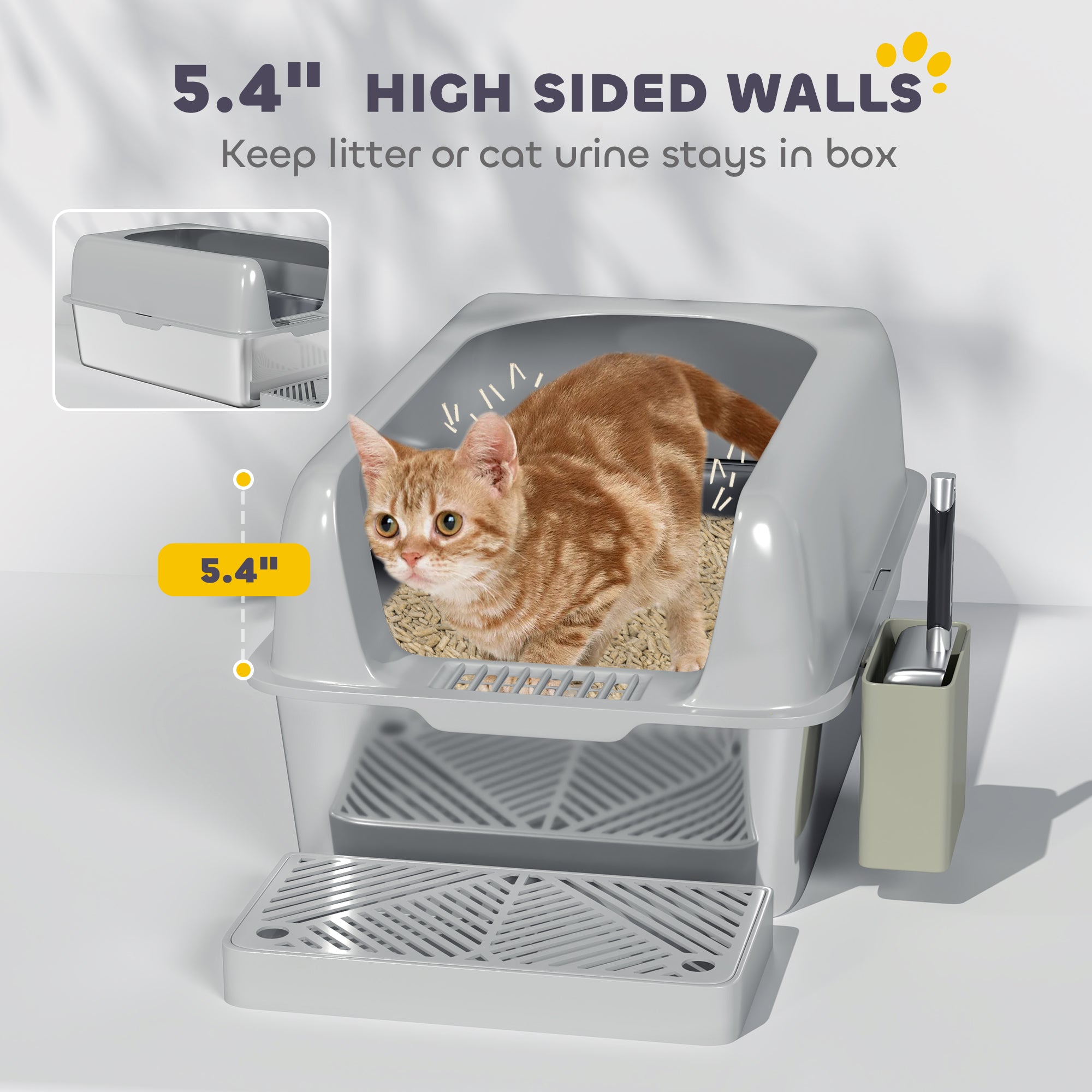 PawHut Stainless Steel Litter Box, Easy Clean Metal Litter Box with High Sided for Anti-Urine Leakage, Cat Litter Box with Metal Scoop & Scoop Holder, Light Gray