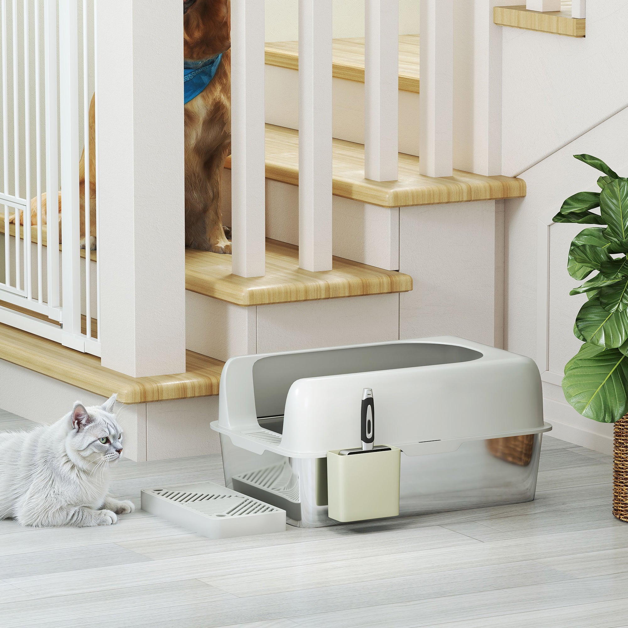 PawHut Stainless Steel Litter Box, Easy Clean Metal Litter Box with High Sided for Anti-Urine Leakage, Cat Litter Box with Metal Scoop & Scoop Holder, Light Gray