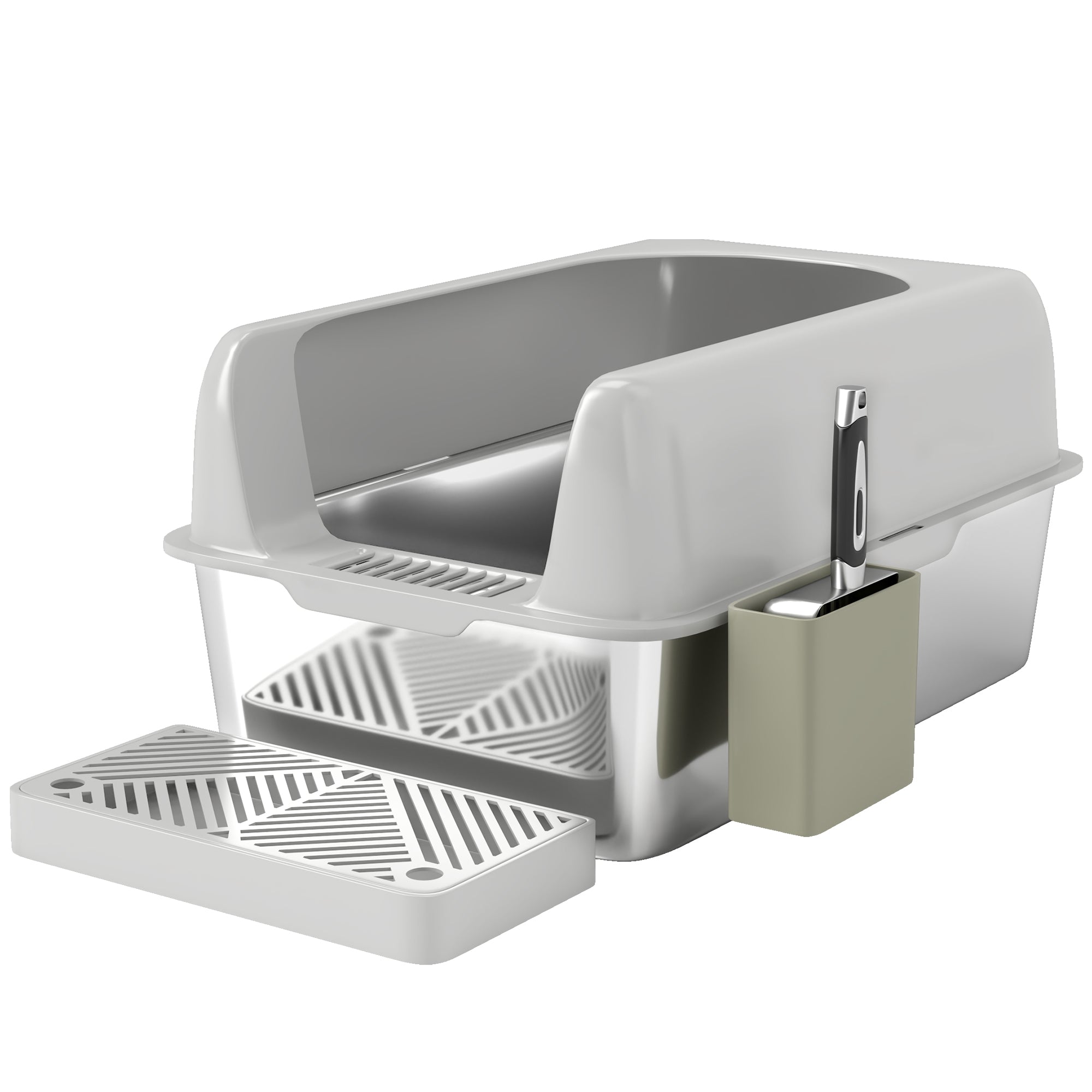 PawHut Stainless Steel Litter Box, Easy Clean Metal Litter Box with High Sided for Anti-Urine Leakage, Cat Litter Box with Metal Scoop & Scoop Holder, Light Gray