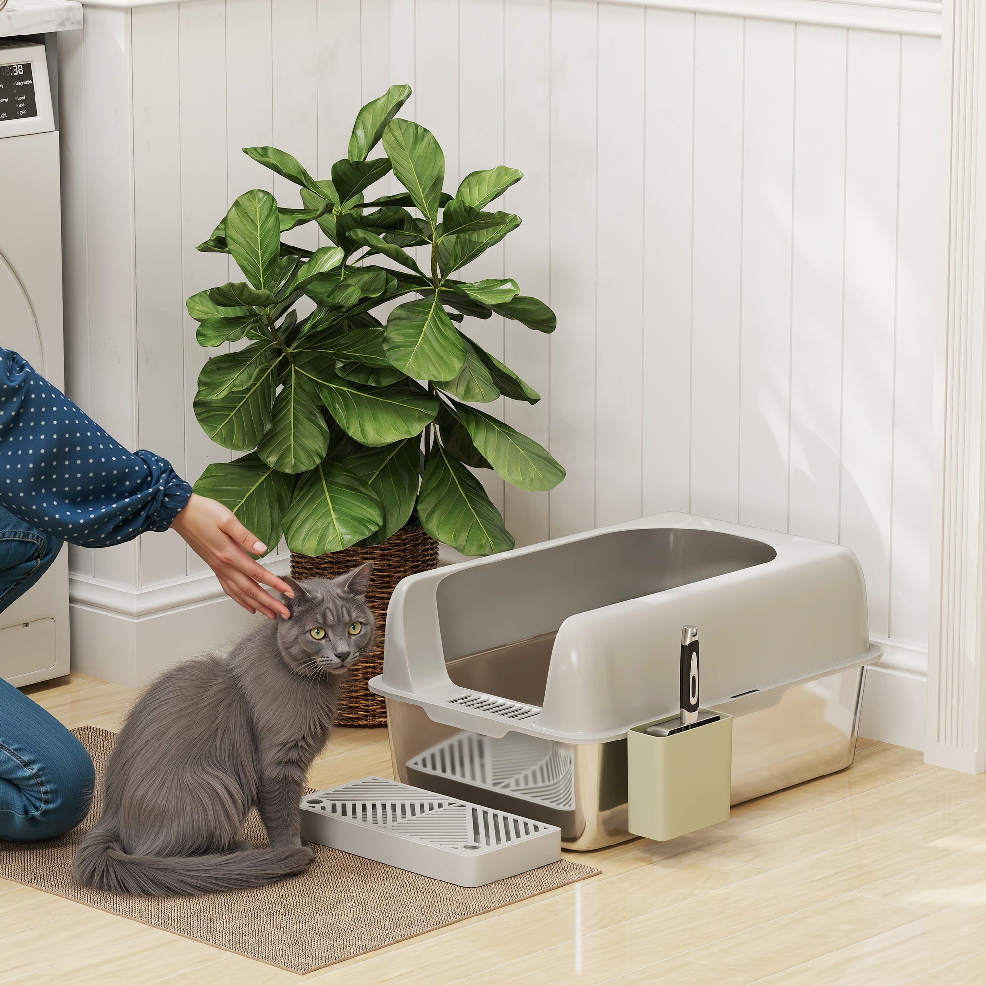 PawHut Stainless Steel Litter Box, Easy Clean Metal Litter Box with High Sided for Anti-Urine Leakage, Cat Litter Box with Metal Scoop & Scoop Holder, Light Gray