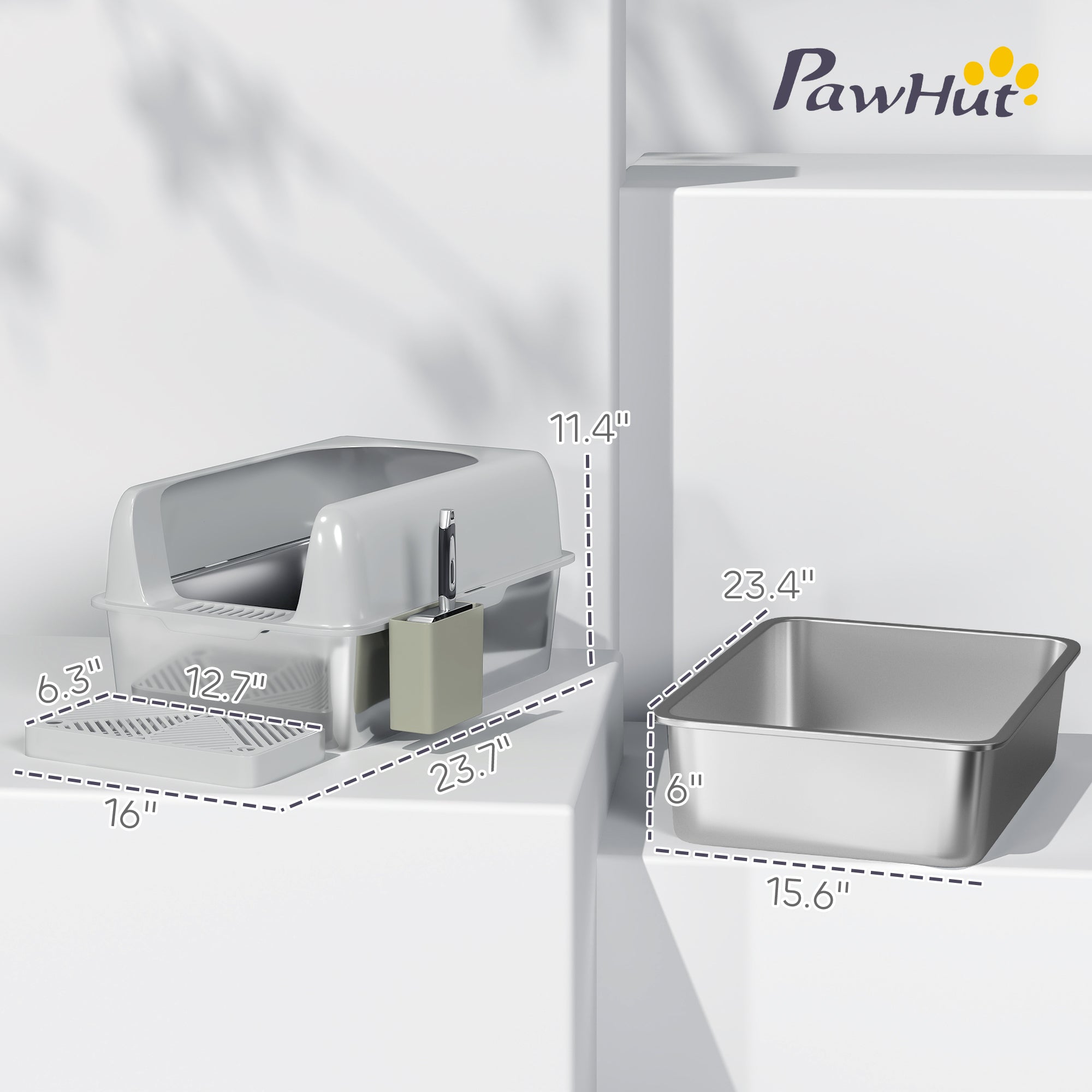 PawHut Stainless Steel Litter Box, Easy Clean Metal Litter Box with High Sided for Anti-Urine Leakage, Cat Litter Box with Metal Scoop & Scoop Holder, Light Gray