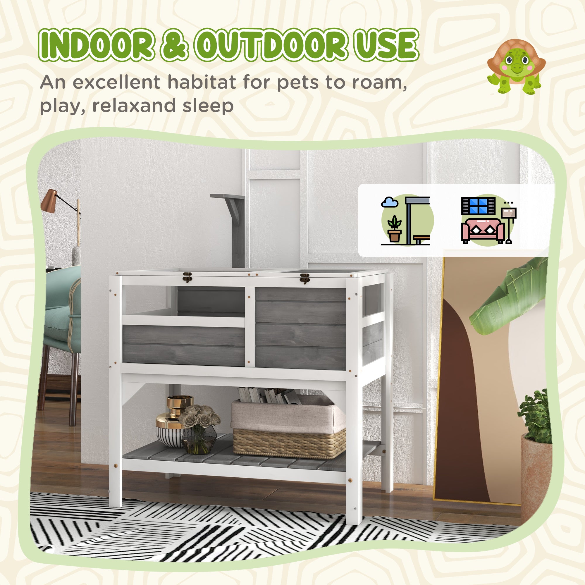 PawHut Tortoise Habitat with Shelf Storage, Tortoise Enclosure with Weather Protection, Tortoise Gift Accessory, Reptile Enclosure with Tray, Light Support Frame, Light Gray