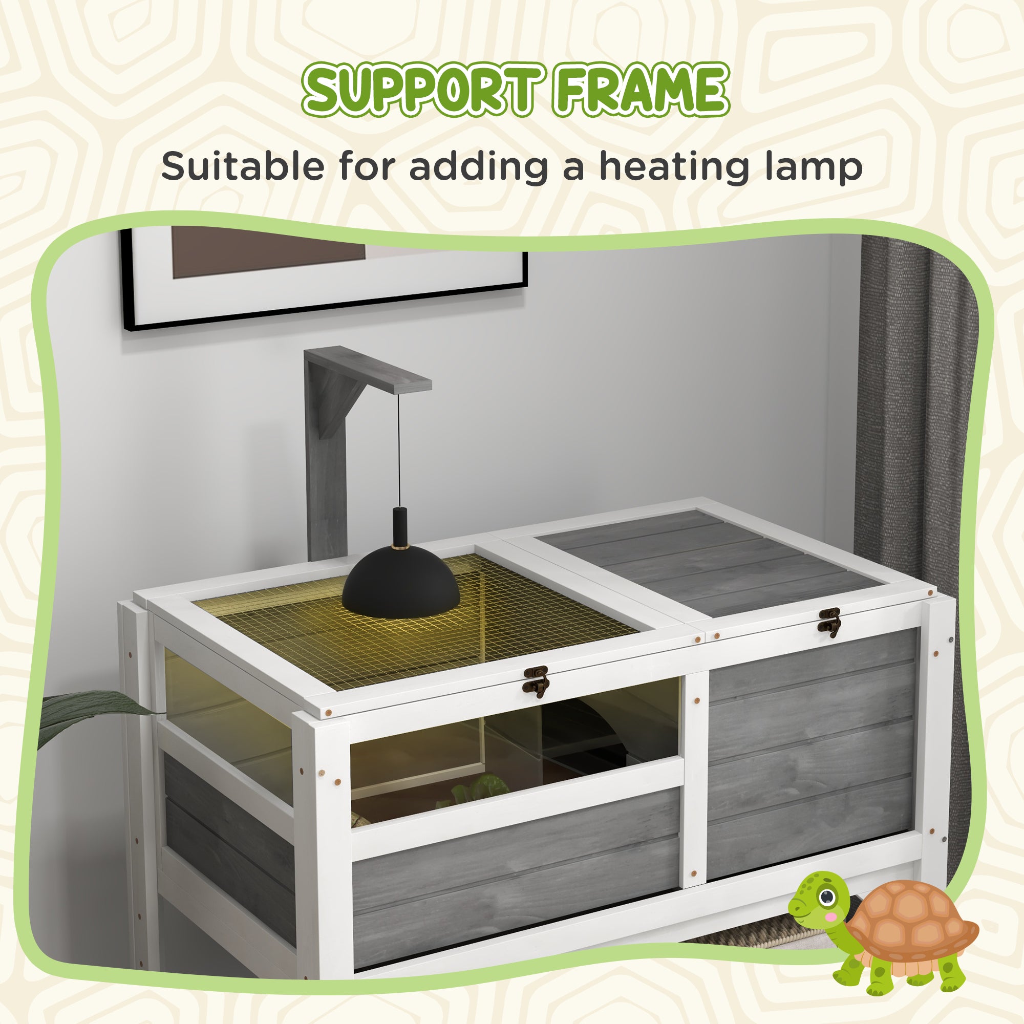 PawHut Tortoise Habitat with Shelf Storage, Tortoise Enclosure with Weather Protection, Tortoise Gift Accessory, Reptile Enclosure with Tray, Light Support Frame, Light Gray