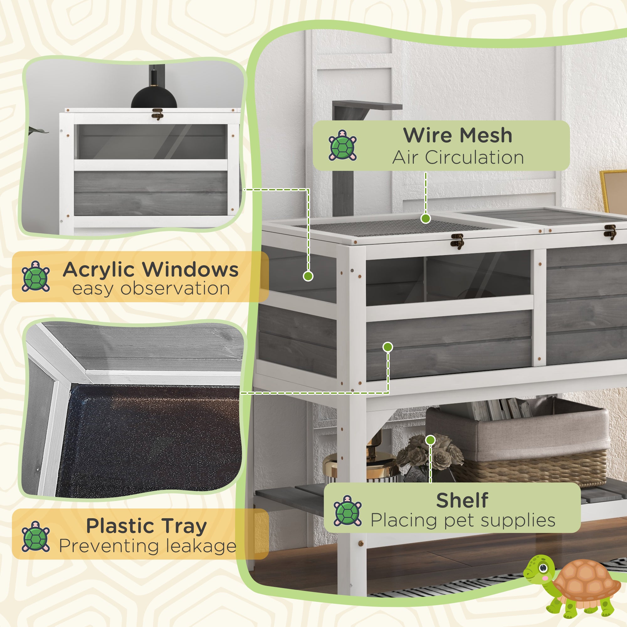 PawHut Tortoise Habitat with Shelf Storage, Tortoise Enclosure with Weather Protection, Tortoise Gift Accessory, Reptile Enclosure with Tray, Light Support Frame, Light Gray