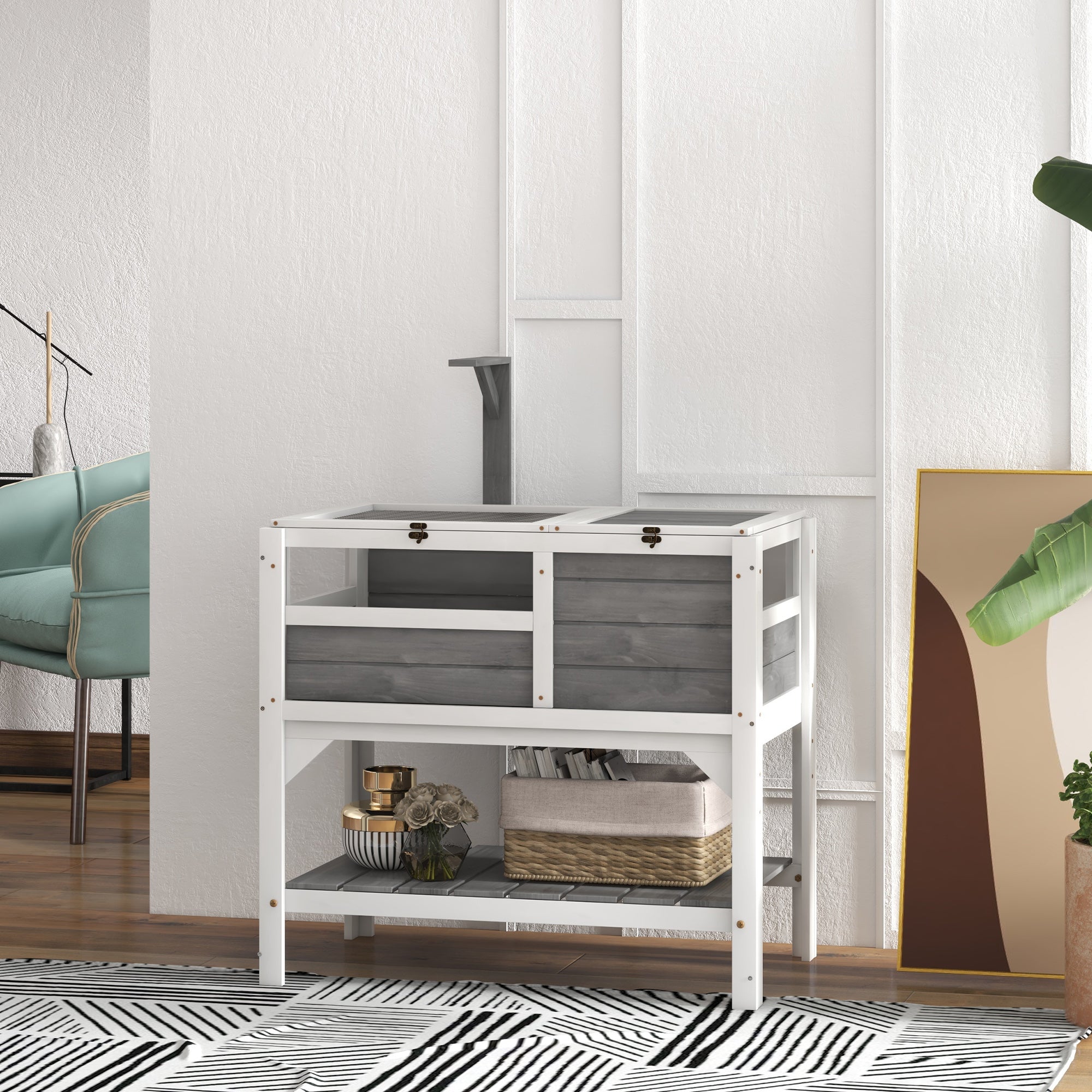PawHut Tortoise Habitat with Shelf Storage, Tortoise Enclosure with Weather Protection, Tortoise Gift Accessory, Reptile Enclosure with Tray, Light Support Frame, Light Gray