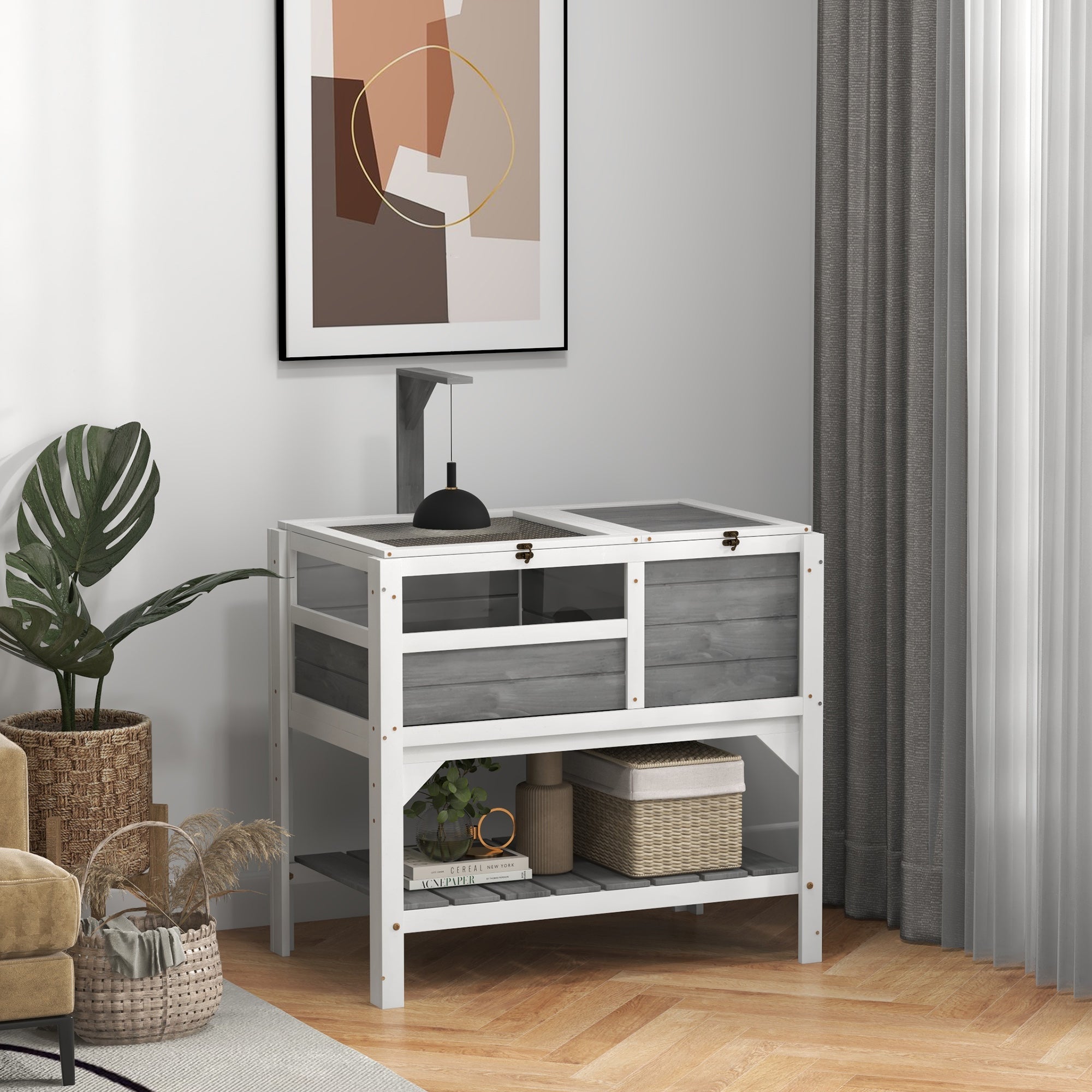 PawHut Tortoise Habitat with Shelf Storage, Tortoise Enclosure with Weather Protection, Tortoise Gift Accessory, Reptile Enclosure with Tray, Light Support Frame, Light Gray