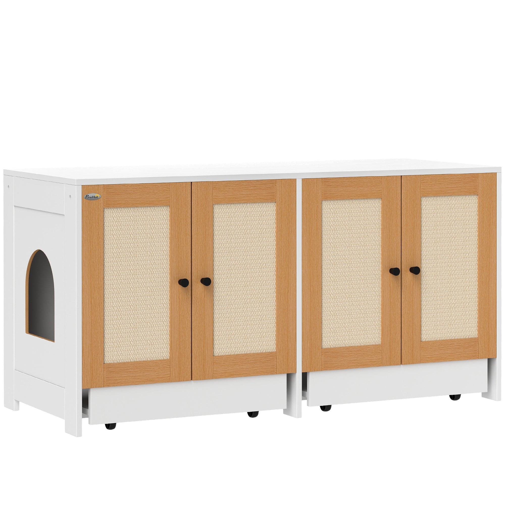 Cat Litter Box Enclosure, Hidden Litter Box Furniture with Pull-Out Tray, Indoor Cat Washroom with 2 Storage Cabinet,  Scratching Mat, Oak