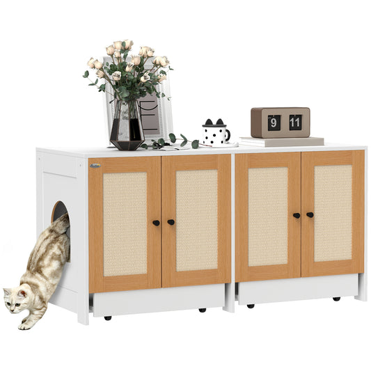 Cat Litter Box Enclosure, Hidden Litter Box Furniture with Pull-Out Tray, Indoor Cat Washroom with 2 Storage Cabinet,  Scratching Mat, Oak