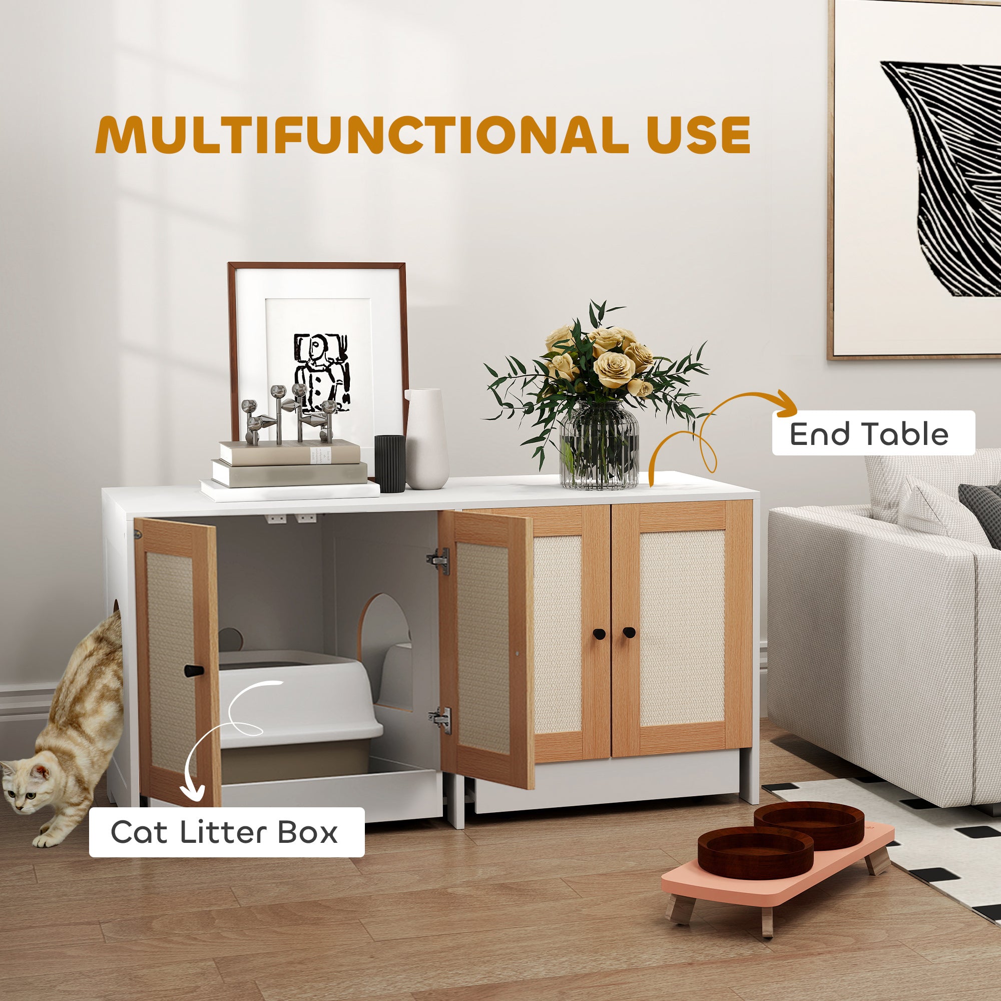 Cat Litter Box Enclosure, Hidden Litter Box Furniture with Pull-Out Tray, Indoor Cat Washroom with 2 Storage Cabinet,  Scratching Mat, Oak