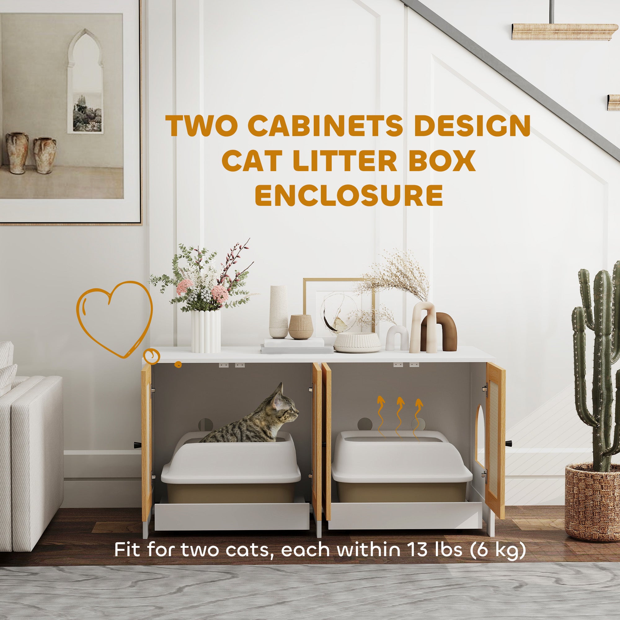 Cat Litter Box Enclosure, Hidden Litter Box Furniture with Pull-Out Tray, Indoor Cat Washroom with 2 Storage Cabinet,  Scratching Mat, Oak