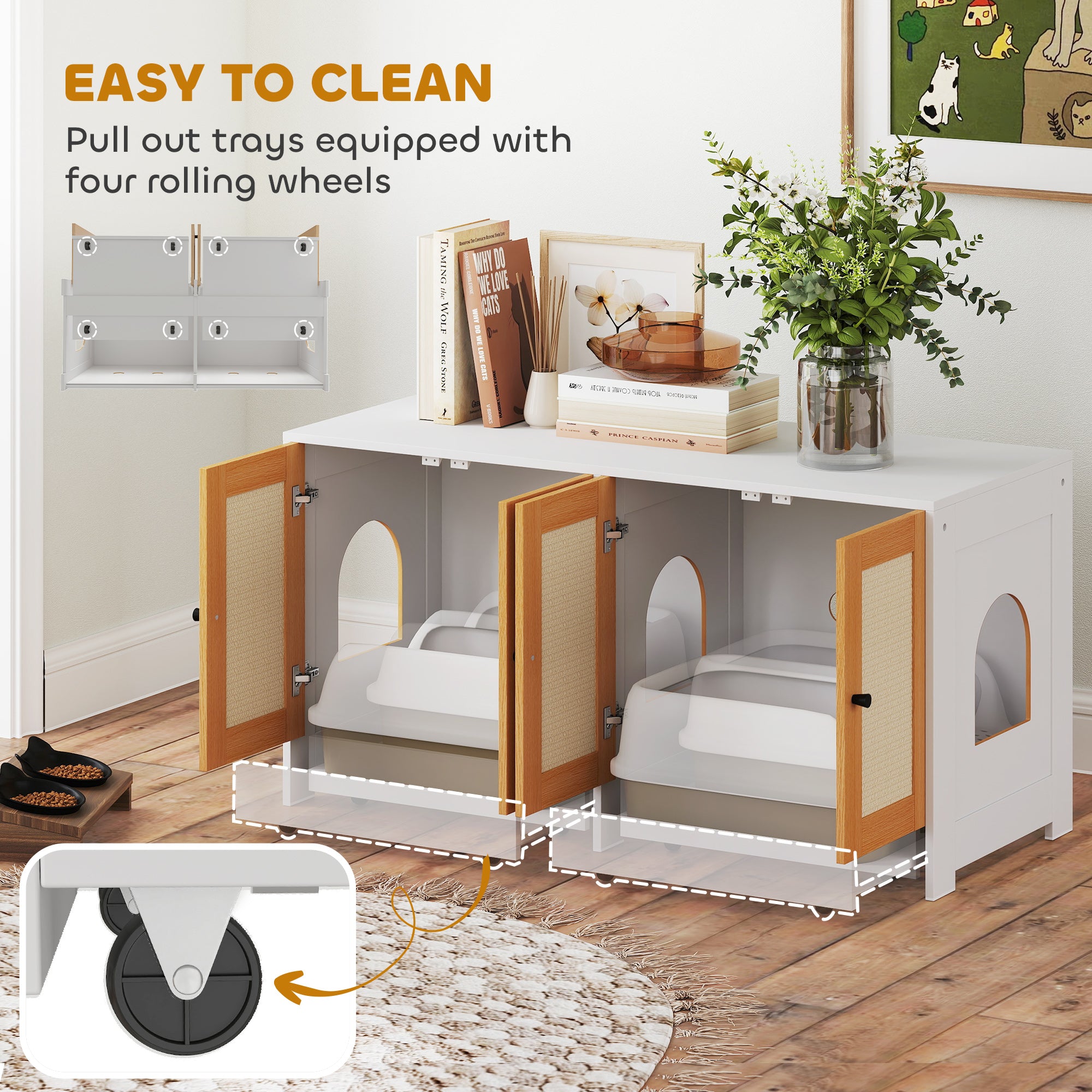 Cat Litter Box Enclosure, Hidden Litter Box Furniture with Pull-Out Tray, Indoor Cat Washroom with 2 Storage Cabinet,  Scratching Mat, Oak