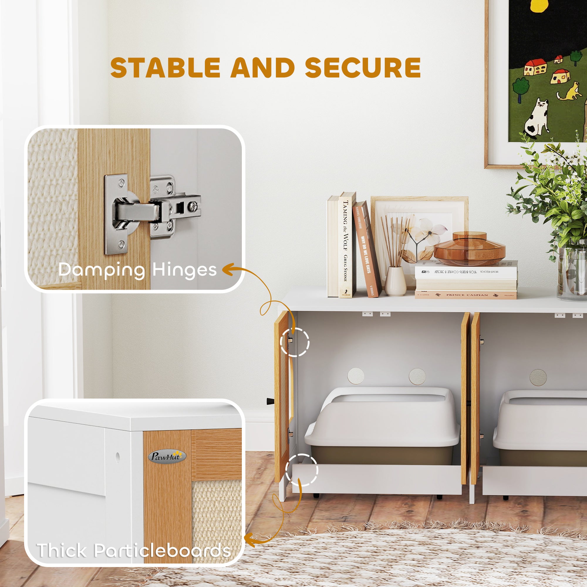 Cat Litter Box Enclosure, Hidden Litter Box Furniture with Pull-Out Tray, Indoor Cat Washroom with 2 Storage Cabinet,  Scratching Mat, Oak