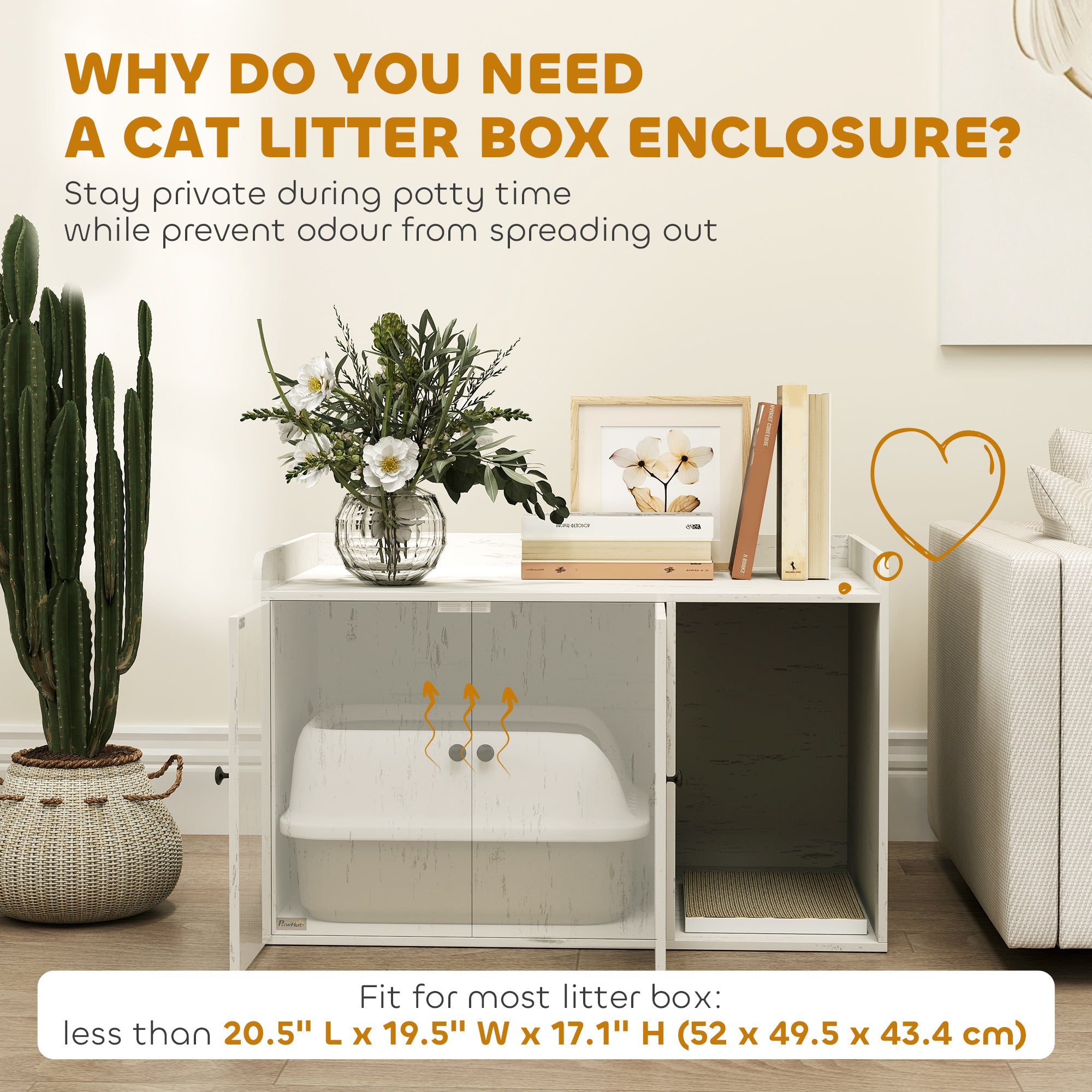 Litter Box Enclosure, 32" Hidden Washroom Furniture with Scratching Mat, Cat Entrance, Indoor Pet House, Side End Table Fit Most of Cat and Litter Box, Distressed White