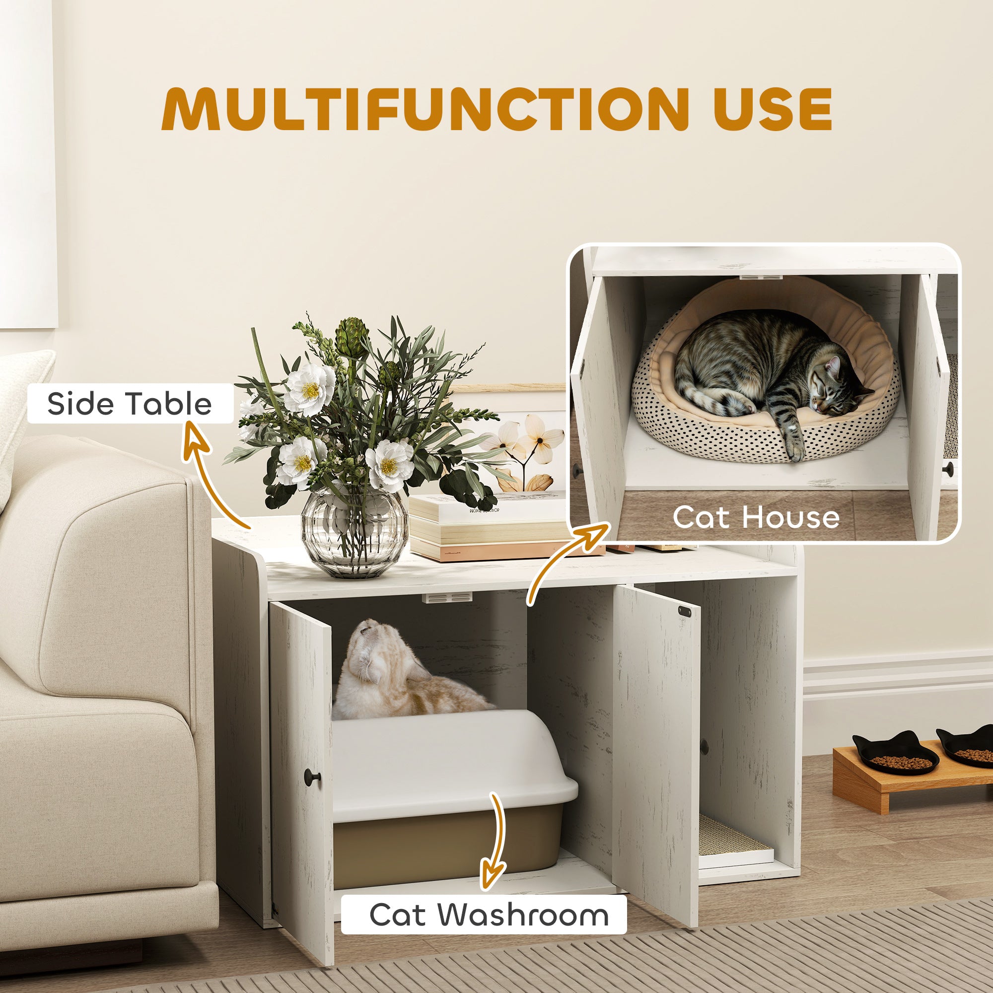 Litter Box Enclosure, 32" Hidden Washroom Furniture with Scratching Mat, Cat Entrance, Indoor Pet House, Side End Table Fit Most of Cat and Litter Box, Distressed White