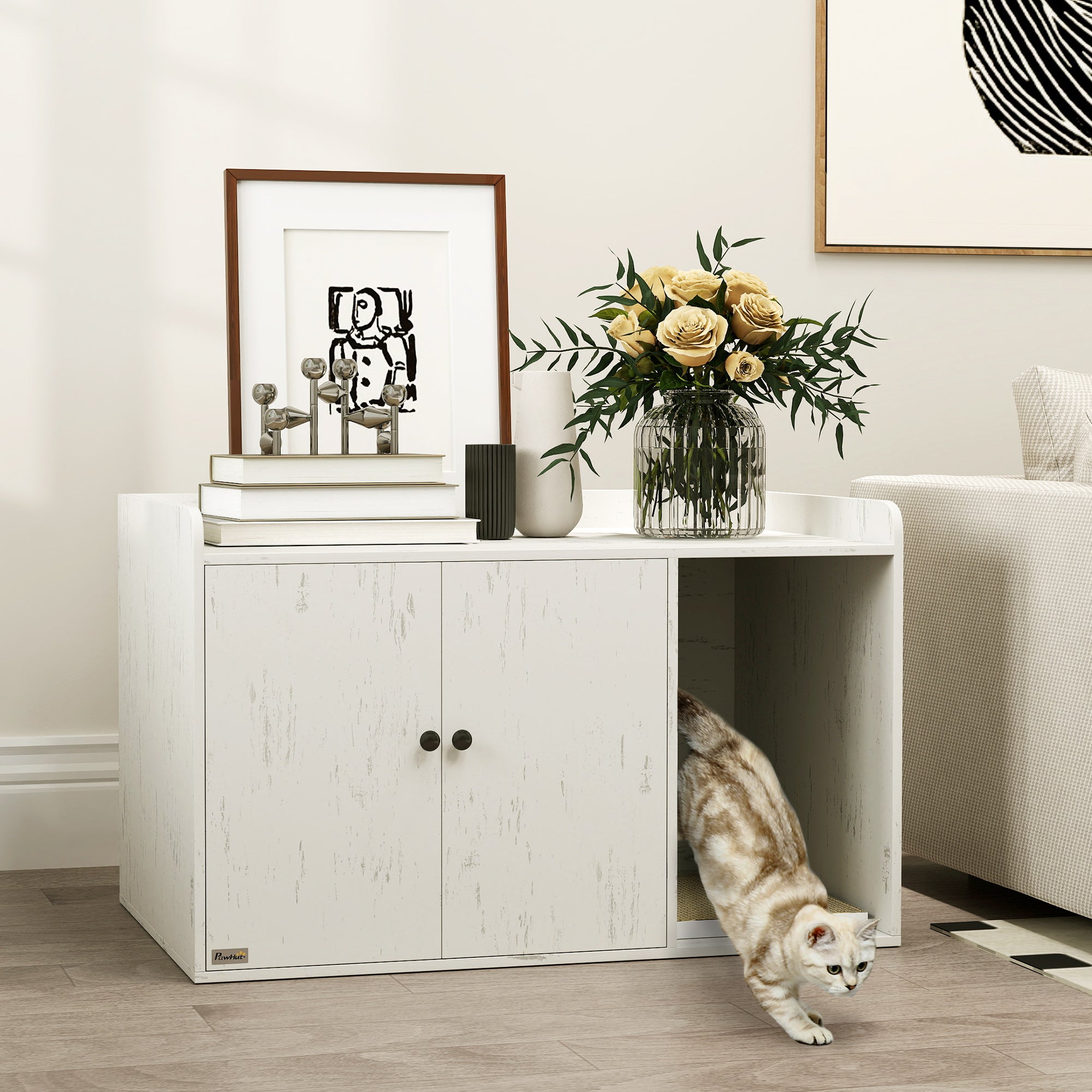 Litter Box Enclosure, 32" Hidden Washroom Furniture with Scratching Mat, Cat Entrance, Indoor Pet House, Side End Table Fit Most of Cat and Litter Box, Distressed White