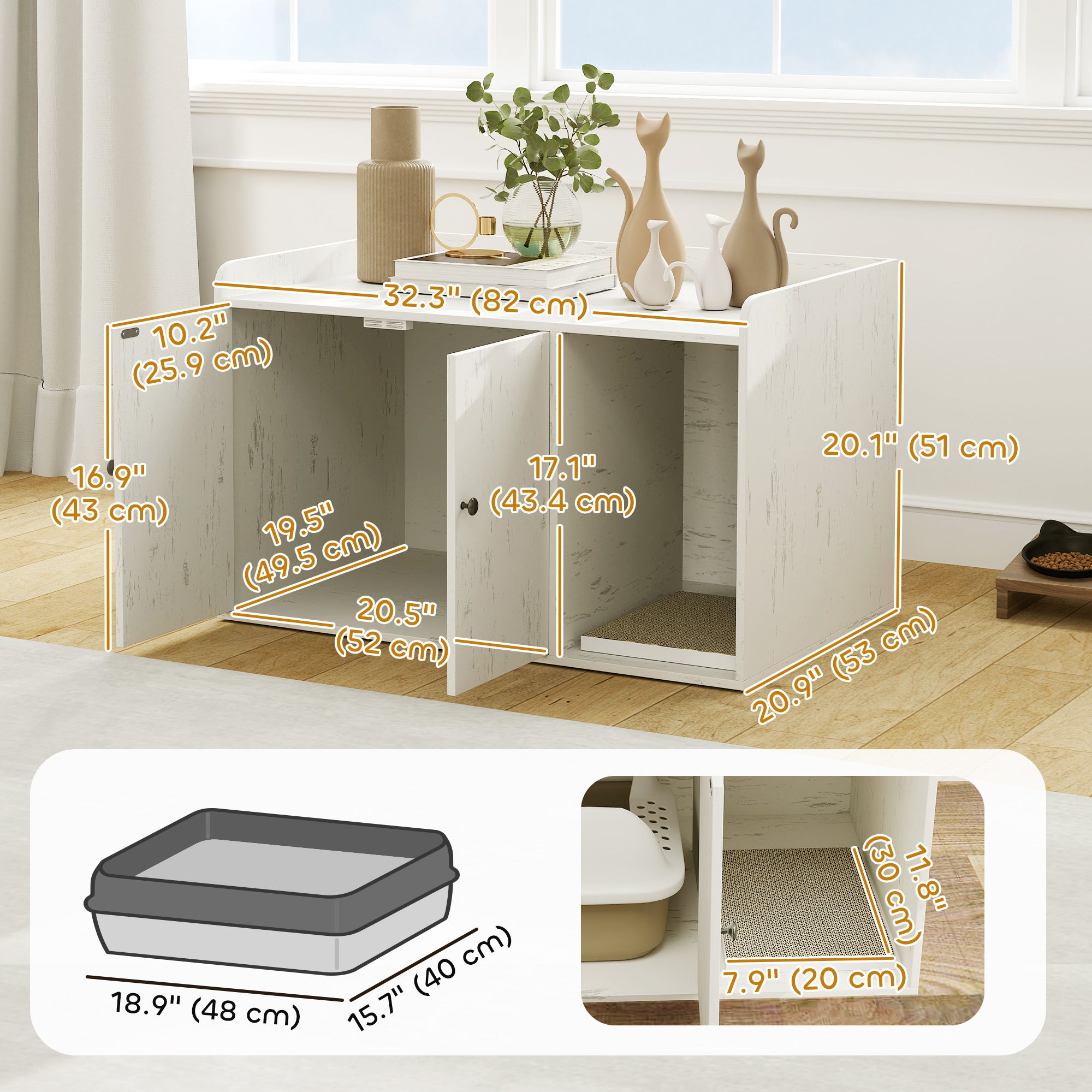 Litter Box Enclosure, 32" Hidden Washroom Furniture with Scratching Mat, Cat Entrance, Indoor Pet House, Side End Table Fit Most of Cat and Litter Box, Distressed White