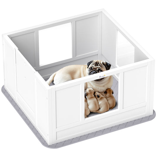 PawHut Whelping Box for Dogs with Waterproof Whelping Pad, Dog Whelping Pen with Clear Panels, Adjustable Entrance, Double Room, Non-slip Foot Pads, for Small Dogs, 33.1" L x 31.5" W x 18.9" H