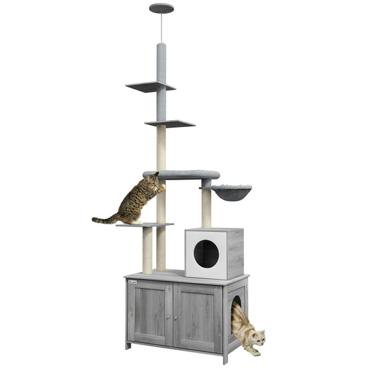 Cat Tree with Hidden Litter Box, 2-in-1 Floor-to-Ceiling Cat Litter Box Furniture with Cat House, Bed, Hammock, Scratching Posts and Platforms for Indoor Use - Grey