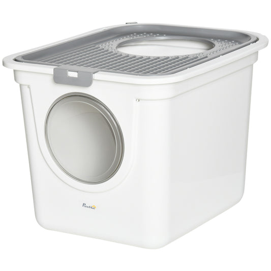 Cat Litter Box, Enclosed Kitty Litter Box with Front Entrance, Top Exit, Scoop, Easy Cleaning Pet Toilet for Cats, White