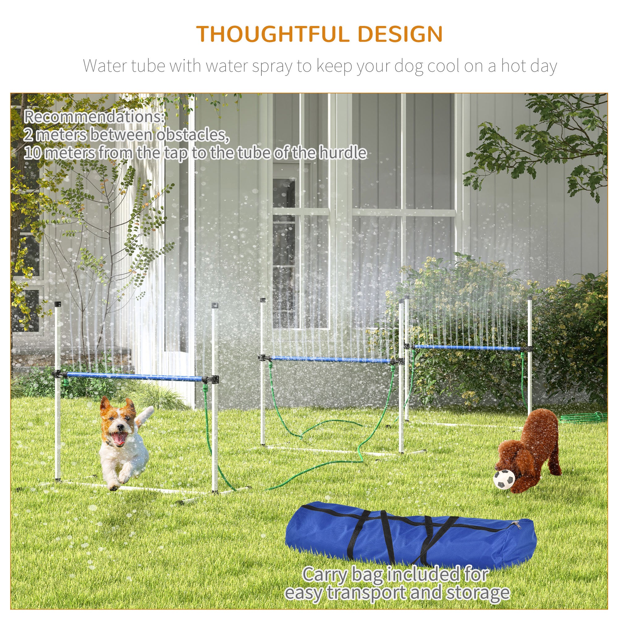 PawHut 4 Piece Dog Agility Training Equipment Set with Spray Water Tube, Dog Agility Set with Adjustable Height Hurdles, Whistle, Carry Bag, White