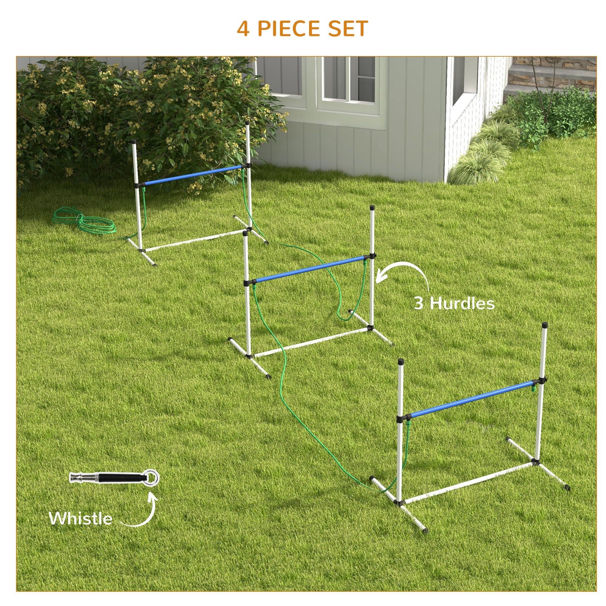 PawHut 4 Piece Dog Agility Training Equipment Set with Spray Water Tube, Dog Agility Set with Adjustable Height Hurdles, Whistle, Carry Bag, White