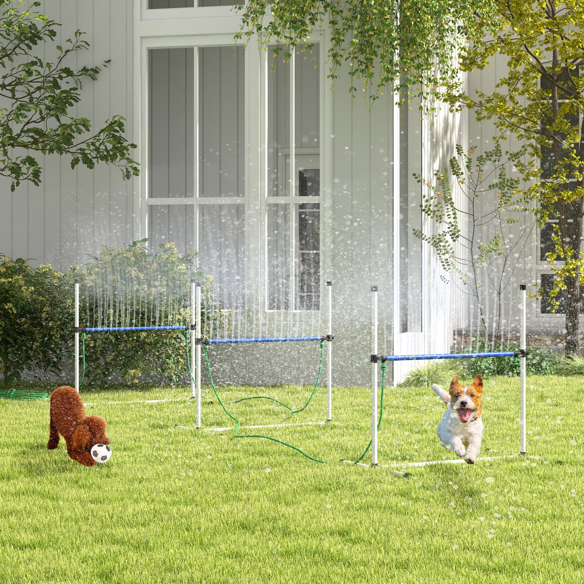 PawHut 4 Piece Dog Agility Training Equipment Set with Spray Water Tube, Dog Agility Set with Adjustable Height Hurdles, Whistle, Carry Bag, White