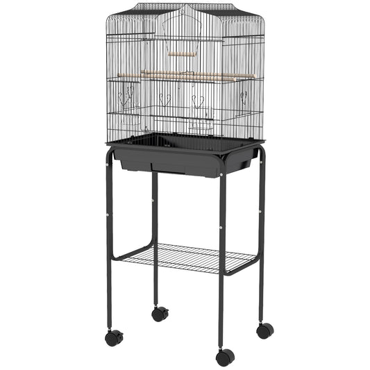 Bird Cage Budgie Cages for Finch Canary Parakeet with Stand Wheels Slide-out Tray Accessories Storage Shelf, Black 46.5 x 36 x 124 cm