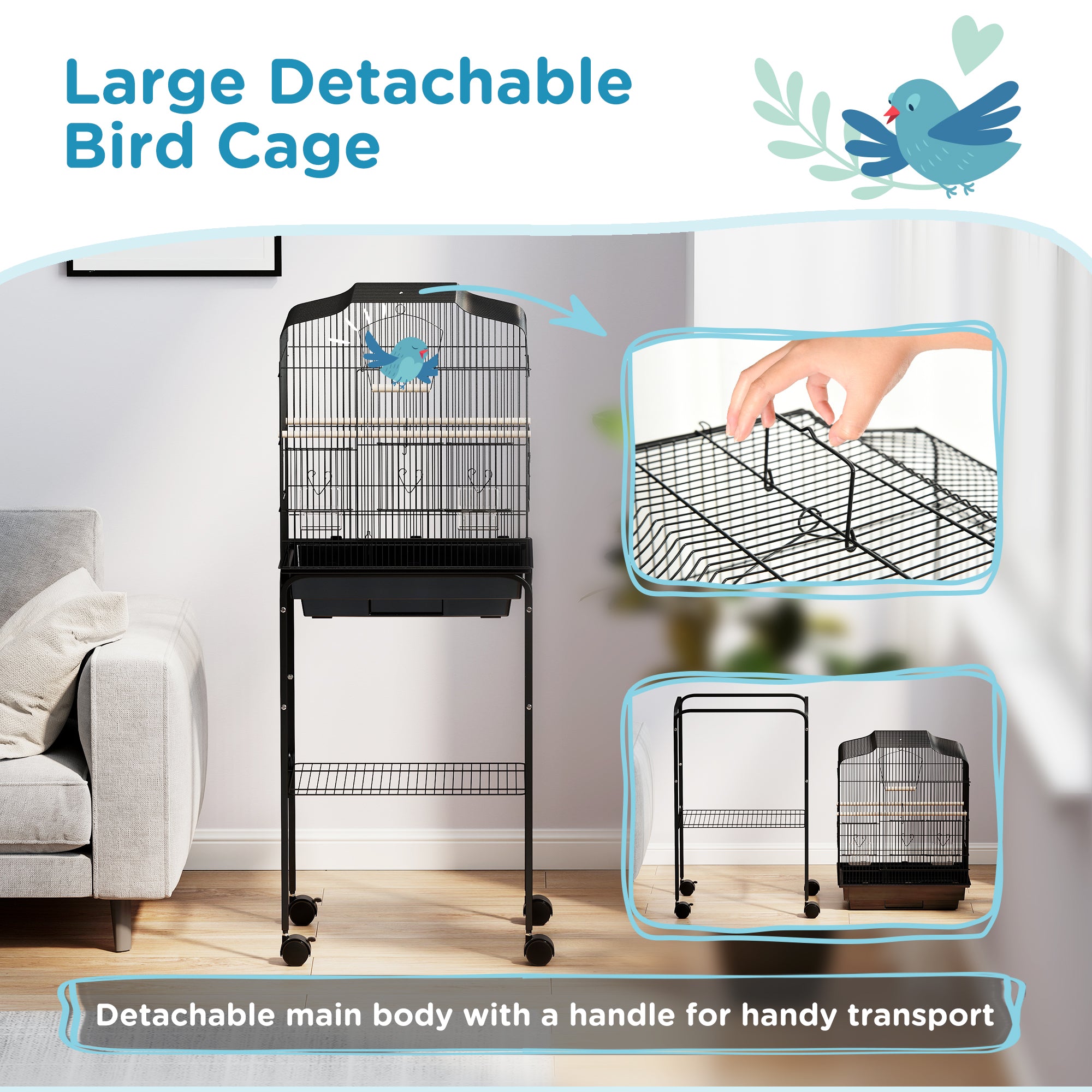 Bird Cage Budgie Cages for Finch Canary Parakeet with Stand Wheels Slide-out Tray Accessories Storage Shelf, Black 46.5 x 36 x 124 cm