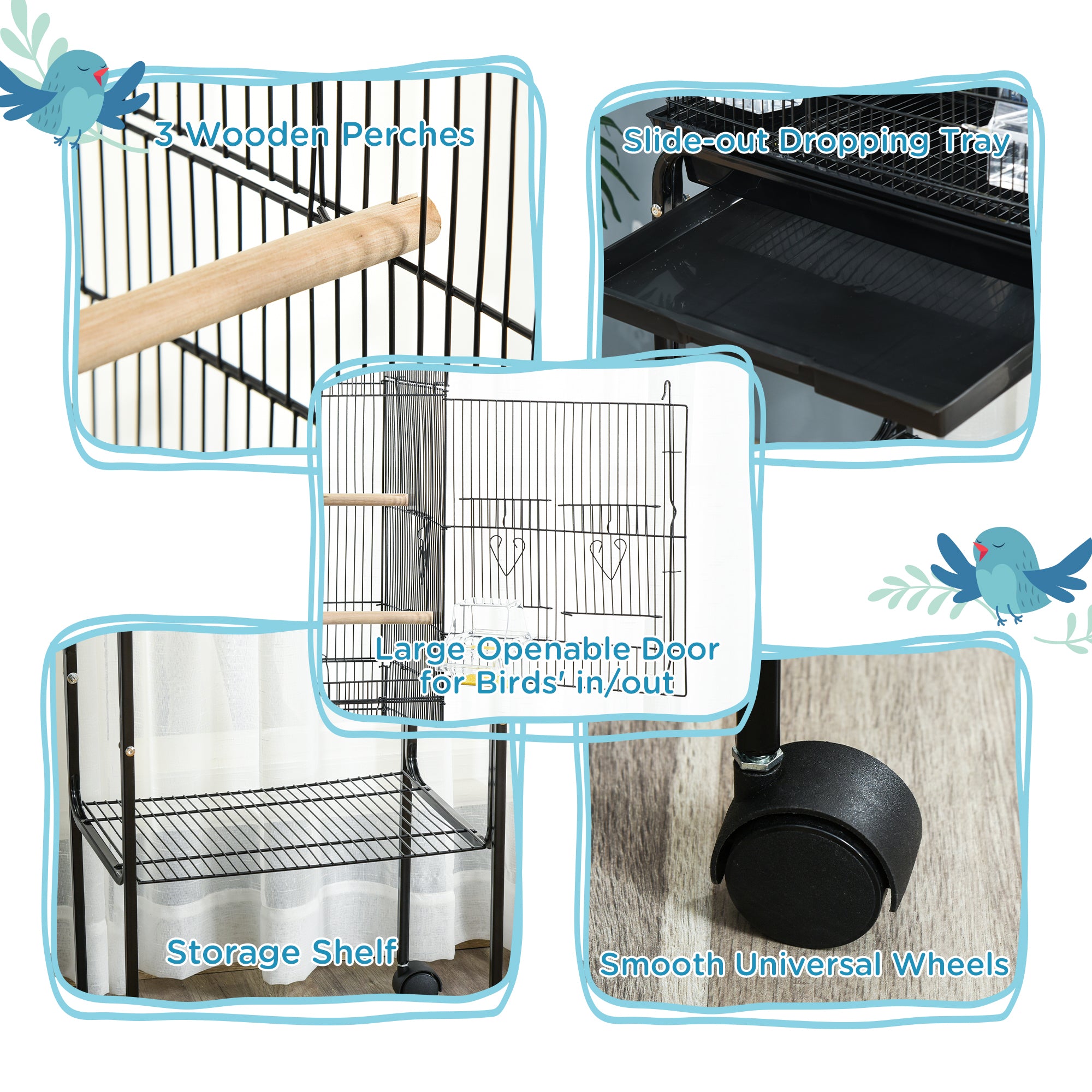 Bird Cage Budgie Cages for Finch Canary Parakeet with Stand Wheels Slide-out Tray Accessories Storage Shelf, Black 46.5 x 36 x 124 cm