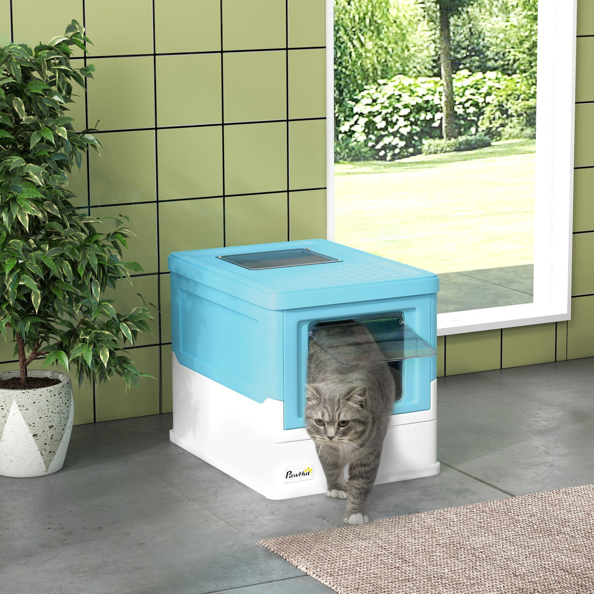 Cat Litter Tray with Hood Enclosed Cat Litter Box Pet Toilet w/ Lid, Scoop, Front Entry, 47.5 x 35.5 x 36.7cm - Light Blue