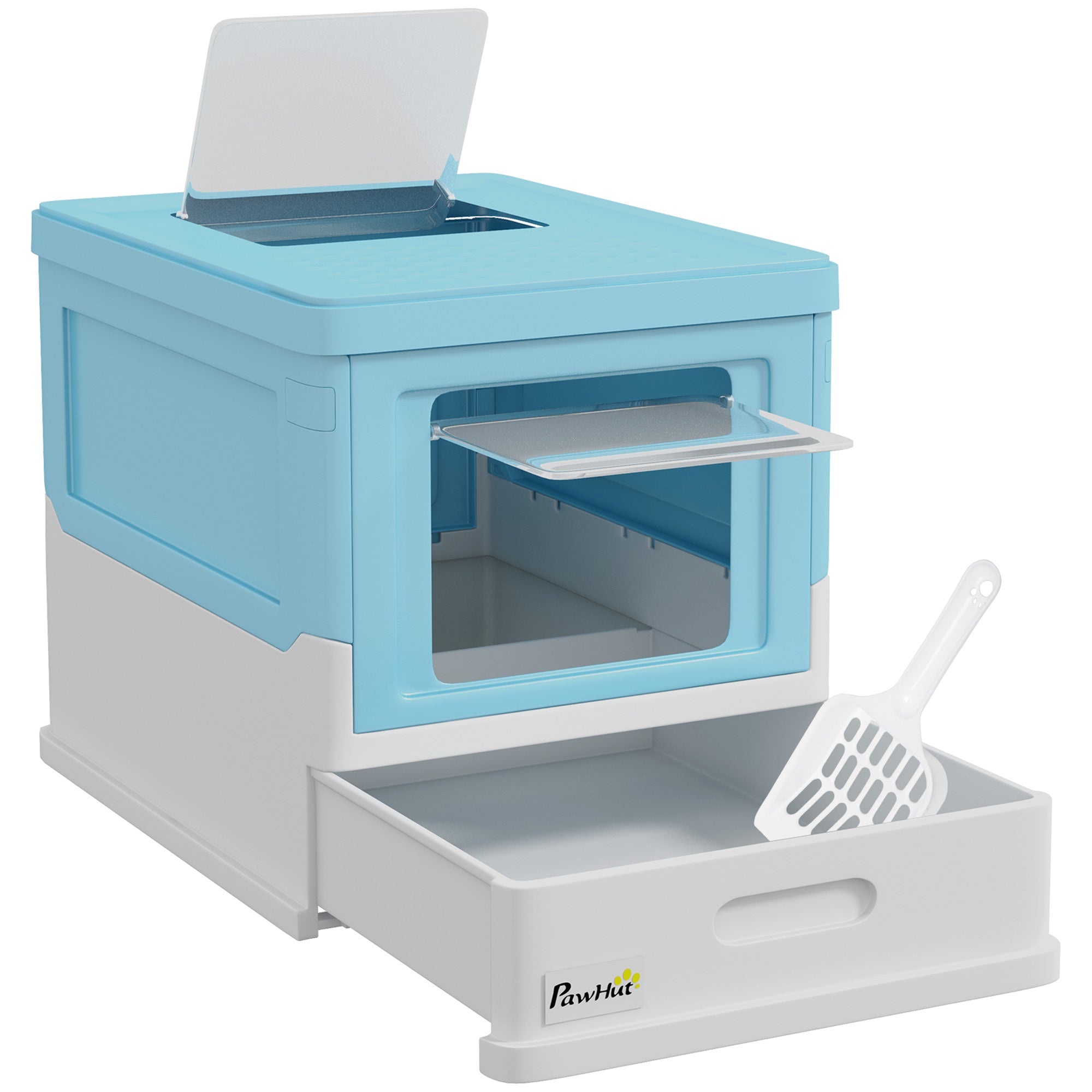 Cat Litter Tray with Hood Enclosed Cat Litter Box Pet Toilet w/ Lid, Scoop, Front Entry, 47.5 x 35.5 x 36.7cm - Light Blue