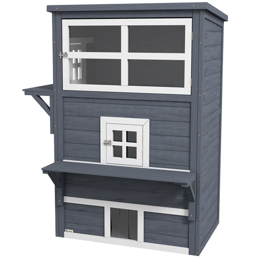 PawHut 3-Story Cat House Feral Cat Shelter, Outdoor Kitten Condo with Raised Floor, Asphalt Roof, Escape Doors, Jumping Platforms, Dark Gray
