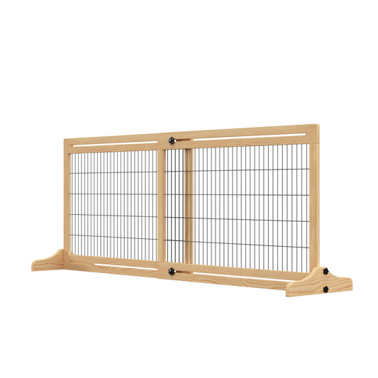 PawHut 72" W x 27" H Extra Wide Freestanding Pet Gate with Adjustable Length Dog, Cat, Barrier for House, Doorway, Hallway, Natural