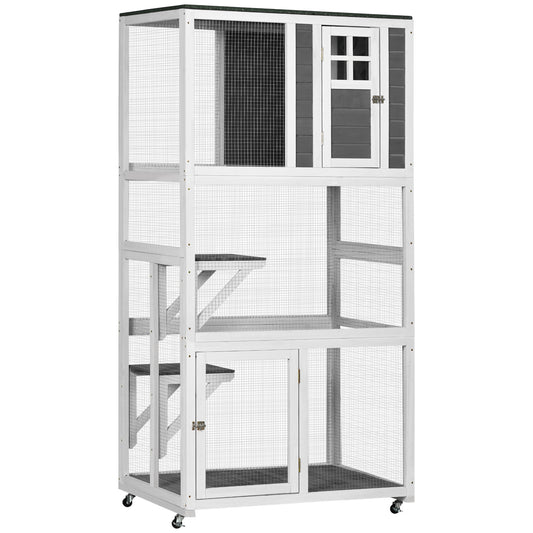 PawHut 74" Wooden Catio Outdoor Cat House Weatherproof & Wheeled, Outside Cat Enclosure with High Weight Capacity, Kitten Cage Condo, Dark Gray